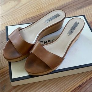 Emerson Fry tan ‘slapper’ wedge leather/wood slide